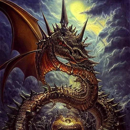 Prompt: a dark entropy dragon, detailed, fantasy, scary, realistic, frightening, ornate, horns, spikes, incredible, masterpiece, amazing, wow!, sense of awe, award winning, greg rutowski, bosch, dali