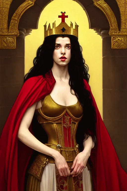 Image similar to Portrait of historically accurate, ancient biblical, sultry, sneering, evil, pagan, wicked, young queen jezebel, wearing gilded red robes, long black hair, intricate, elegant, highly detailed, digital painting, artstation, concept art, smooth, sharp focus, illustration, art by artgerm and greg rutkowski and alphonse mucha and andrei riabovitchev