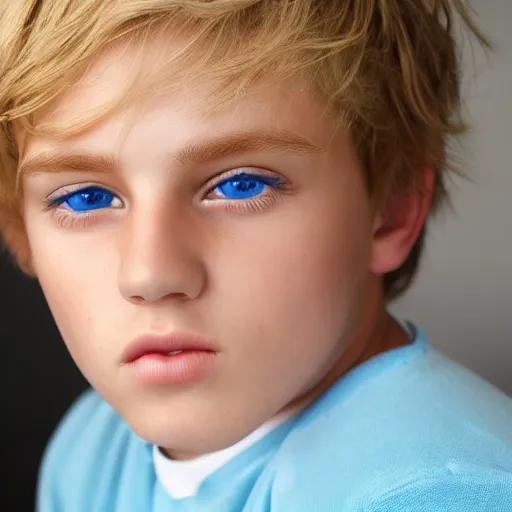 Prompt: a closeup portrait of a boy with blonde hair and light blue eyes. Extremely clear and high quality eyes with reflection, realistic face and details, clear lips and high quality