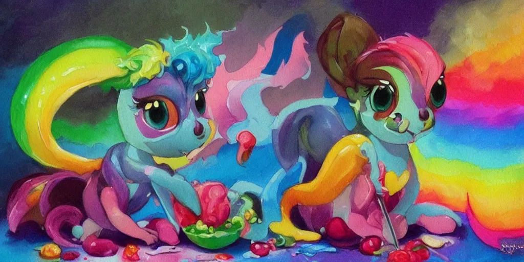 Image similar to rainbow sorbet made in the shape of 3 d littlest pet shop mythical manticore, realistic, melting, soft painting, desserts, ice cream, glitter, cake, forest, mountains, aurora, master painter and art style of noel coypel, art of emile eisman - semenowsky, art of edouard bisson