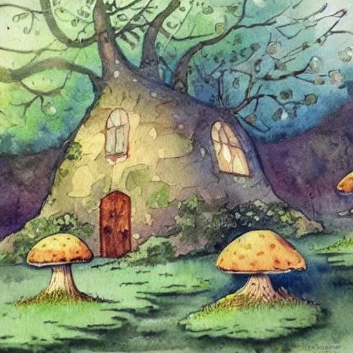 Image similar to vintage watercolor painting of a mushroom house in a magical forest grove, trending on artstation
