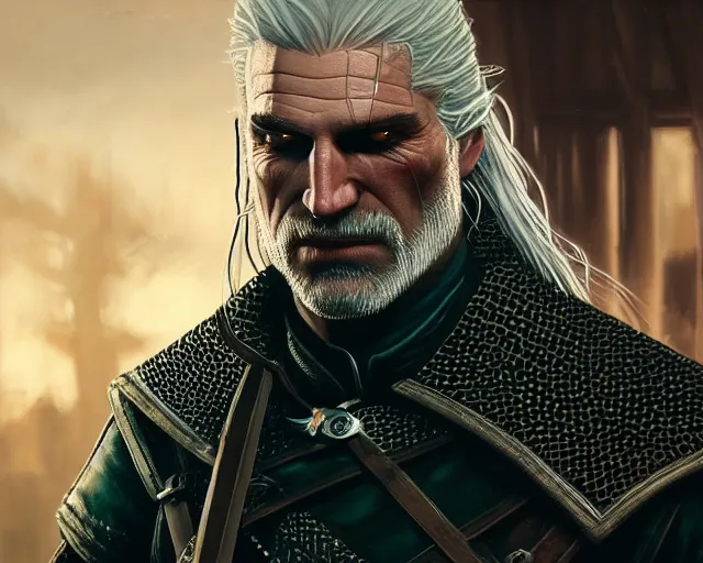 Image similar to 5 5 mm portrait photo of geralt drinking a beer. magical atmosphere. art by greg rutkowski. highly detailed 8 k. intricate. lifelike. soft light. nikon d 8 5 0.