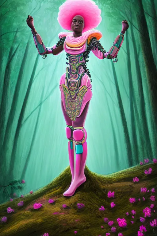 Prompt: illustration neoclassical cinematic super expressive! yoruba goddess with exoskeleton armor, merging with tree in a forest, pink yellow flowers, highly detailed digital art masterpiece, smooth etienne sandorfi eric zener dramatic pearlescent soft teal light, ground angle uhd 8 k, sharp focus