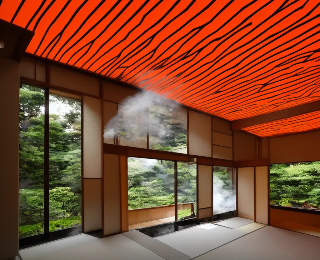 Prompt: real estate photo of the interior of a futuristic japanese house with traditional japanese garden, dramatic lighting, smoke, ceiling fluorescent lighting, black and orange colour palette, wide angle shot