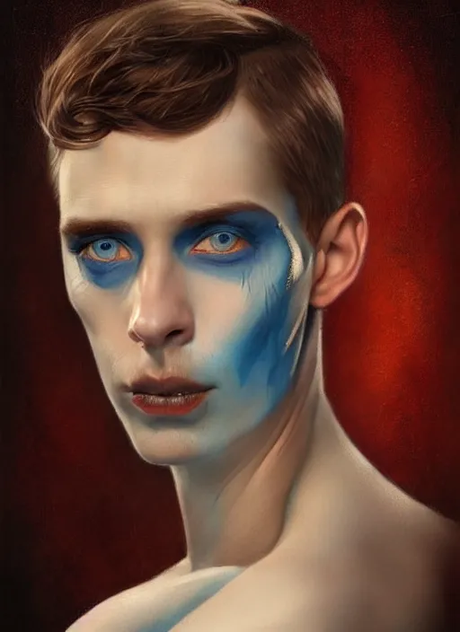 Prompt: a threatening portrait of a burned man with beautiful blue eyes and short brown hair, art by manuel sanjulian and tom bagshaw