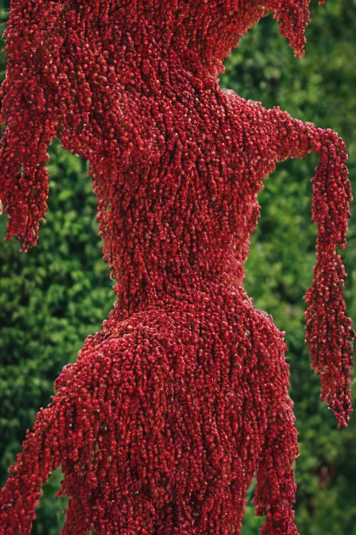 Prompt: a human figure made entirely out of redcurrant bushes ( ribes aureum ), surreal portrait, portra, 2 5 mm