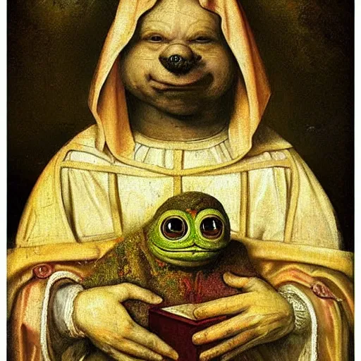 Prompt: a church medieval portrait painting of pepe the frog, in the style of rembrandt van rijn and neo - baroque. golden ratio accidental renaissance