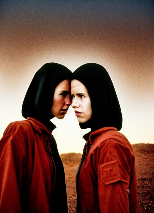 Image similar to cinestill 5 0 d photographic portrait by steve mccurry of two loving female androids wearing rugged black techwear on a desolate plain with a red sky in front of a brutalist structure, extreme closeup, cyberpunk style, dust storm, 8 k, hd, high resolution, 3 5 mm, f / 3 2, ultra realistic faces, ex machina