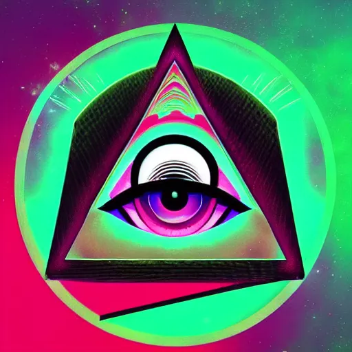 Image similar to the all seeing eye, synthwave album cover