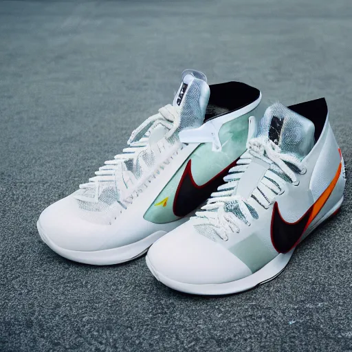 Image similar to a studio photoshoot of A Nike Lebron sneaker designed by Virgil Abloh, mesh fabrics, Off-White, realistic, color film photography by Tlyer Mitchell, 35 mm, graflex