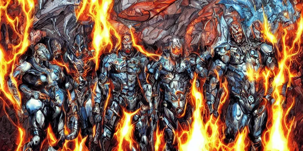 Image similar to ethan van sciver as the 4 horsemen of the apocalypse, artstation