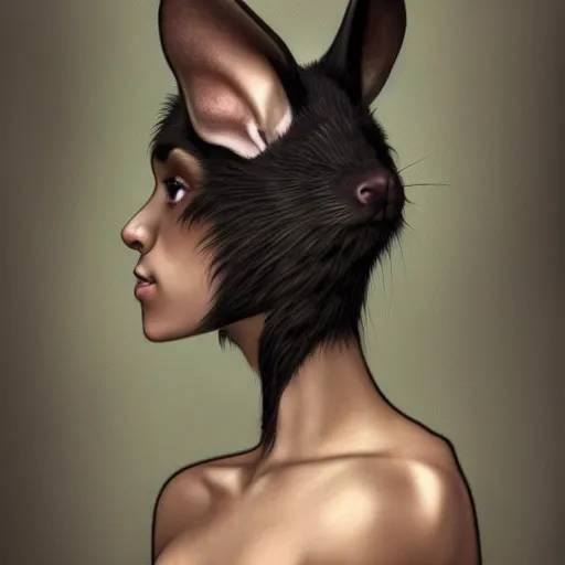 Image similar to a photograpic portrait of a anthropomorphic mouse wearing black clothes, black hair, grey skin, grey mouse ears, fantasy, intricate, elegant, highly detailed, digital painting, artstation, smooth, sharp focus, illustration, art by artgerm and H R Giger and alphonse mucha