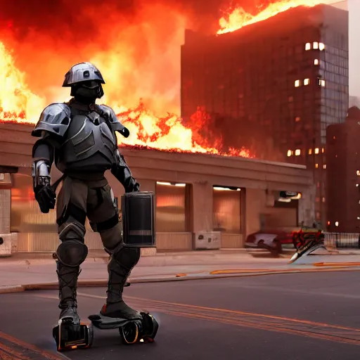 Image similar to Heavily armored soldier with a shield riding a hoverboard with several buildings on fire behind him, cinematic lighting, highly detailed, 8k octane render