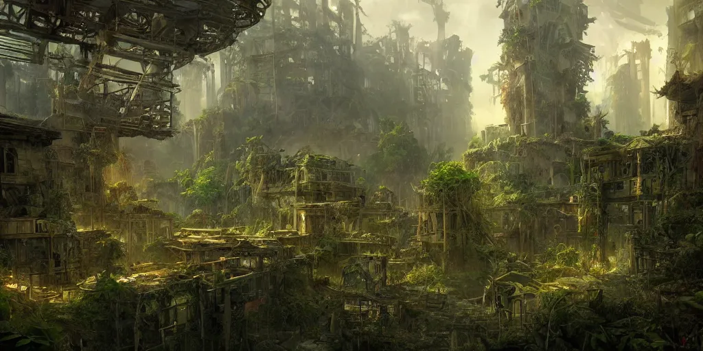 Image similar to concept art of an abandoned city in ruins, overgrown by a lush green forest, dramatic lighting, trending on Artstation, 8k, highly realistic, hyper detailed, unreal engine 5, IMAX quality, photorealistic, cinematic, epic lighting, in the style of Peter Mohrbacher and Peter Gric