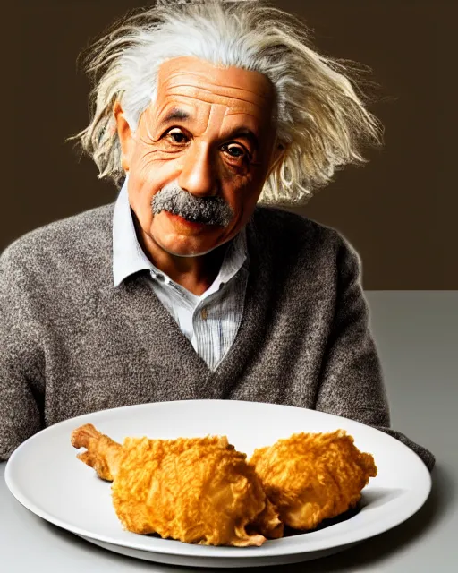 Image similar to a portrait of albert einstein sitting at the dining table with a plate containing kfc chicken in front of him, highly detailed, trending on artstation, bokeh, 9 0 mm, f / 1. 4