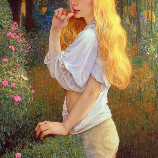 Image similar to A young woman with blonde long hair and bangs in shorts and white shirt drawn by Donato Giancola and Jon Foster, frank frazetta, alphonse mucha, background by James Jean and gustav klimt, 4k, volumetric lighting, french nouveau, trending on artstation, octane render, hyperrealistic