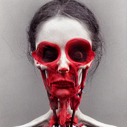 Prompt: portrait photo of a woman by Zdzislaw Beksinski, skeletal body, black eyes, red flowers wrapped around the body