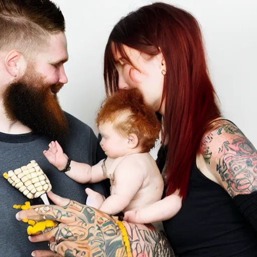 Image similar to photo of a slender attractive couple. The woman has long straight red orange hair. The man has a dark thick neatly groomed beard and tattoos. She is holding a giant corn and a cute baby. He is cutting her hair.