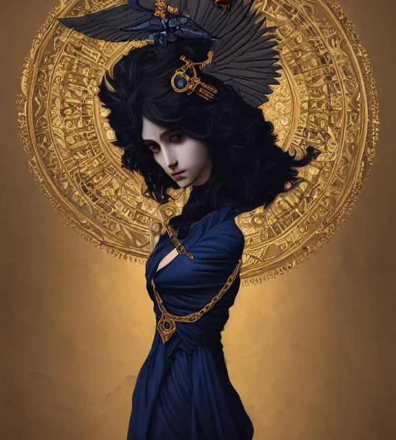 Image similar to portrait of a god of death, young male, in the underworld, elegant dark blue dress, very detailed, throne, very intricate details, jewelry, gold eyeshadow, elaborate long black hairstyle, wings, cinematic, artstation, william bouguereau, alphonse mucha, greg rutkowski, rossdraws, octane render