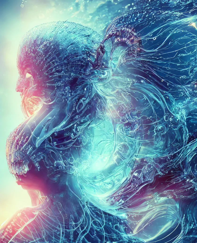 Image similar to close-up macro portrait of the face of a beautiful princess, epic angle and pose, symmetrical artwork, 3d with depth of field, blurred background, cybernetic jellyfish female face skull phoenix bird, translucent, nautilus, energy flows of water and fire. a highly detailed epic cinematic concept art CG render. made in Maya, Blender and Photoshop, octane render, excellent composition, cinematic dystopian brutalist atmosphere, dynamic dramatic cinematic lighting, aesthetic, very inspirational, arthouse. y Greg Rutkowski, Ilya Kuvshinov, WLOP, Stanley Artgerm Lau, Ruan Jia and Fenghua Zhong