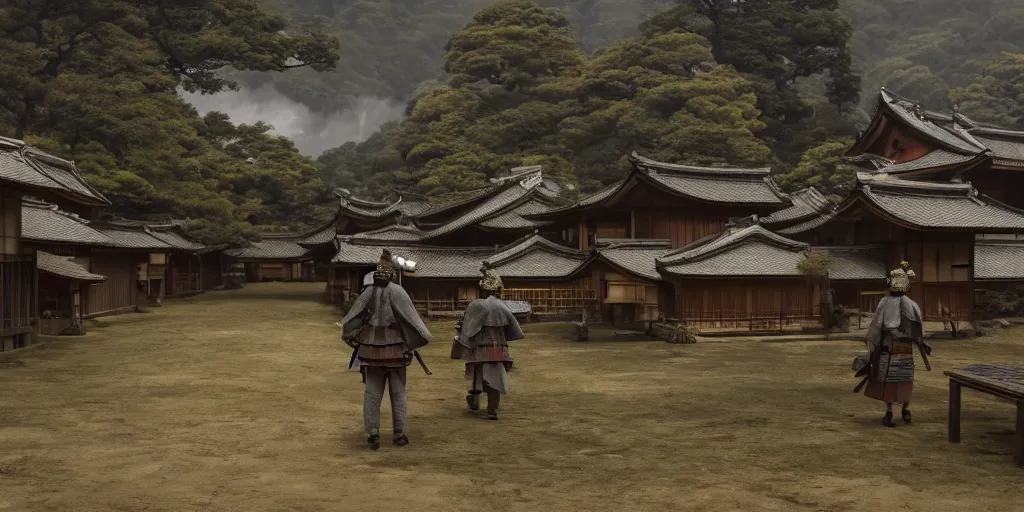 Image similar to a film still of a japanese samurai village in a japanese blockbuster film, landscape, shallow depth of field, cinematic, award winning cgi, vfx, film still