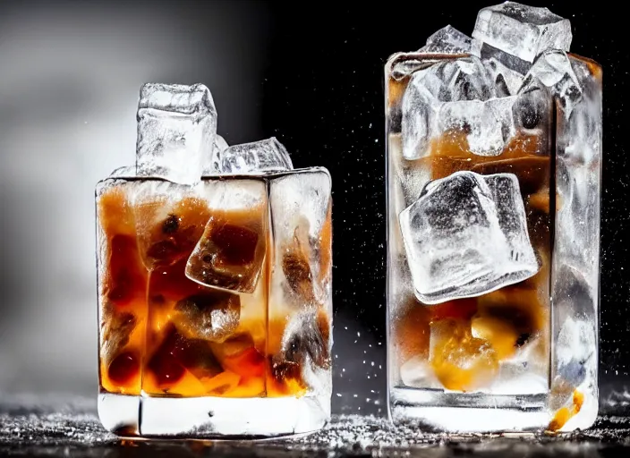 Prompt: a huge amount of ice cubes and a single shot of espressor, food photography, incredible lighting, ice cubes, lots of ice cubes