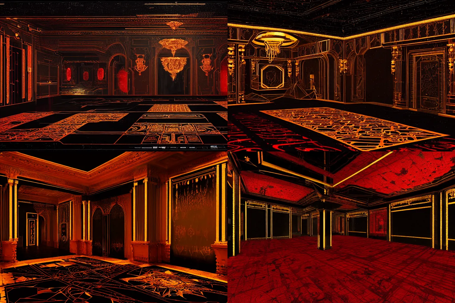 Prompt: interior_of_the_imperial_dalvoxus_palace, cold black steel ceruleum glowing lamps sci fi high tech, crimson_carpet_and_gilded_glitchart_decor_black_dripping_obsidian_elegance_cinematic_Keyframe_chiaroscuro_by_James_Gurney_4k_matte_painting