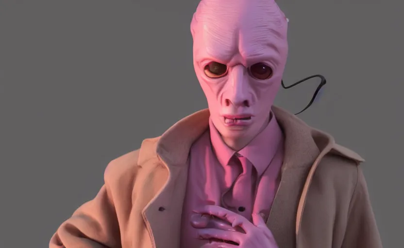 Image similar to a creepy slimy pink ocelot character, wearing a long beige trench coat, CGI, octane render, trending on artstation, 8K