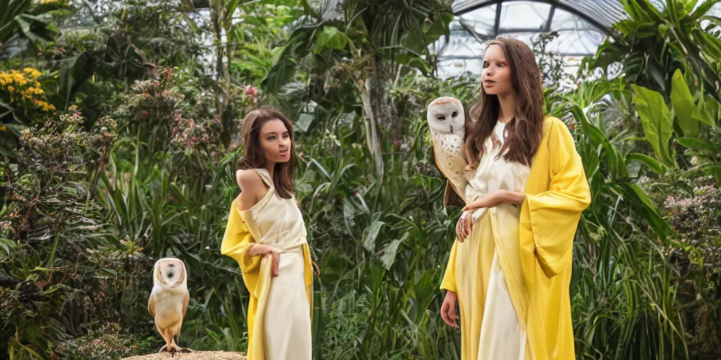 Prompt: film still of an elegant top model wearing a yellow kimono with a very detailed barn owl on her shoulder!!! in a tropical greenhouse. looking at the camera!!. super resolution. 85 mm f1.8 lens.bokeh. graflex. art by Alessio albi and ashley wood and Edmund Blair Leighton and John Singer Sargent! -