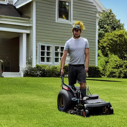 Prompt: Homelander from The Boys mowing his lawn, photo