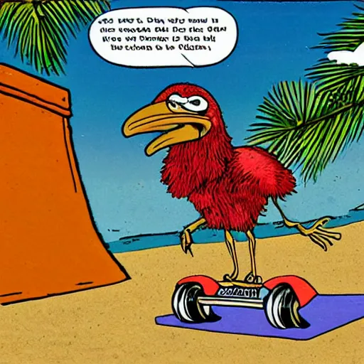 Image similar to a dodo wearing a gold chain around its neck, on a hovering skateboard without wheels, at a skate park near the beach, 1990s cartoon