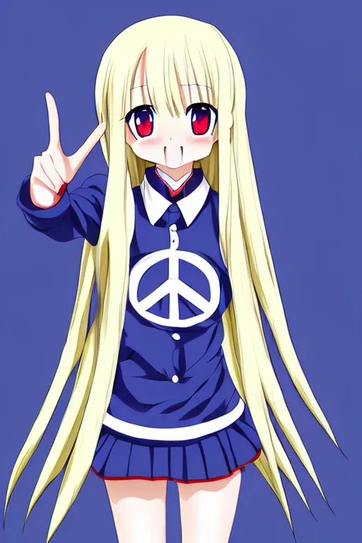 Image similar to full body anime portrait of a cute android girl round eyes long hair dressed in a school uniform inside the school, peace sign, stunning, highly detailed, anatomically correct