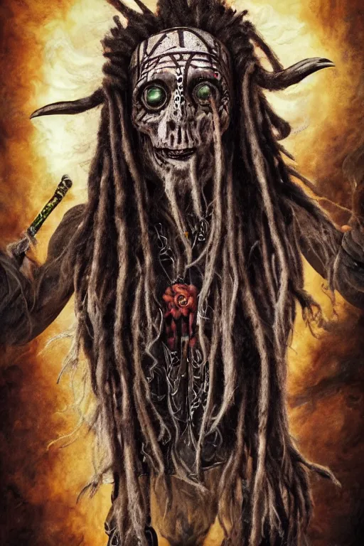 Image similar to a photorealistic of horror shaman with dreadlocks in sacrament of death and destruction