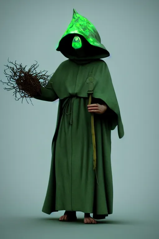 Image similar to A cute shaman with no nose, glowing eyes and a very long hooded dark green cloak of leaves by Vivien Lulkowski and Julien Kaspar, 3D render, stylized, Cycles Render