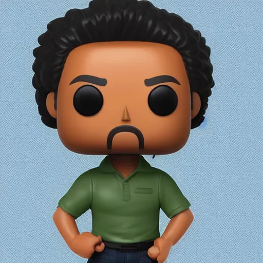 Image similar to a 30 year old skinny brown skinned programmer guy with no beard and thick black hair on top, short on sides, in a dark green polo shirt, blue jeans and grey sneakers funko pop close up highly detailed photo