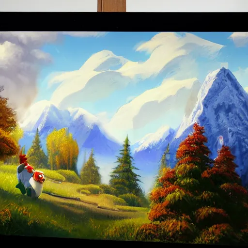 Image similar to a closeup photorealistic photograph of bob ross working on a canvas painting of elmo. film still. brightly lit scene. mountains and trees. this 4 k hd image is trending on artstation, featured on behance, well - rendered, extra crisp, features intricate detail, epic composition and the style of unreal engine.