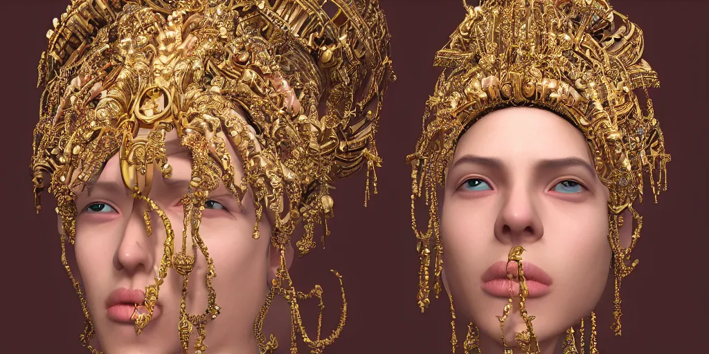 Prompt: dramatic studio portrait of a beautiful flawless symmetrical man wearing intricate otherworldly gold and white jewelry and wearing an ornate elegant pink headdress, hyper realism, very detailed, featured on zbrush central, rendered in cinema 4 d, minimalism, abstract art, f / 2. 8