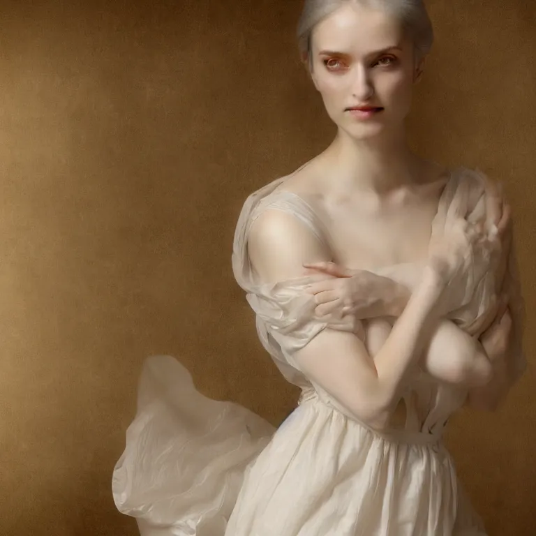 Prompt: hight focus of a wonderful realistic focused sweet wonderful symmetrical mid portrait of a lonely woman with a detailed wonderful, majestic, large semi transparent white cotton dress ornate with semi transparent cotton roses and semi transparent white veils, dramatic light, octane render, by roberto ferri style, - 8 k