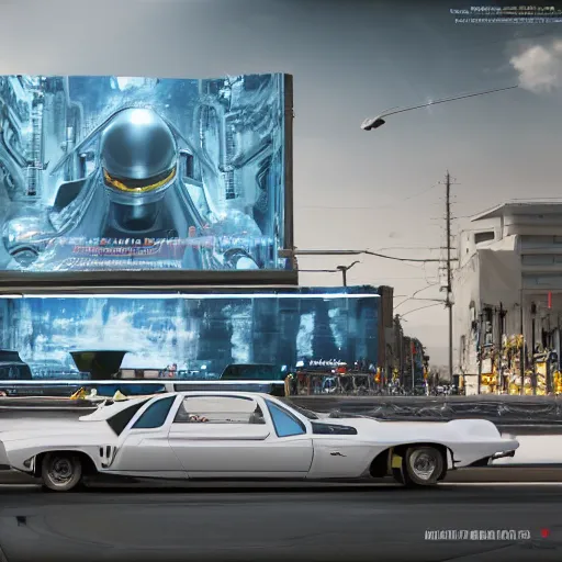 Image similar to sci-fi cars : wall near structure on : the coronation of napoleon painting : and digital billboard in the middle, unreal engine 5, keyshot, octane, artstation trending, ultra high detail, ultra realistic, cinematic, 8k, 16k, in style of zaha hadid, in plastic, dark, tilt shift,