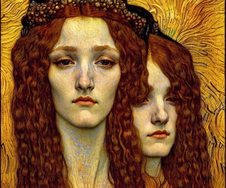 Image similar to detailed realistic beautiful young medieval queen face portrait by jean delville, gustav klimt and vincent van gogh, art nouveau, symbolist, visionary, gothic, pre - raphaelite, muted earthy colors, desaturated