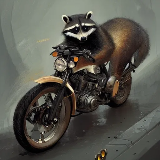 Image similar to raccoon motorcycle,digital Art,greg rutkowski, trending on artstation, cinematic