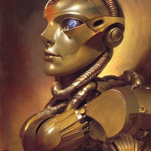 Image similar to highly detailed portrait of an humanoid robotic chameleon mecha, painting by gaston bussiere, craig mullins, j. c. leyendecker, lights, art by ernst haeckel, john william godward, hammershøi,