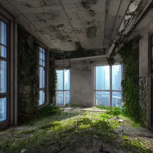 Image similar to interior of a building in an overgrown abandoned hong kong, light pouring through a small window, deserted and decaying concrete, vines growing on the walls, unreal engine 5, raytracing, artstation, 8k