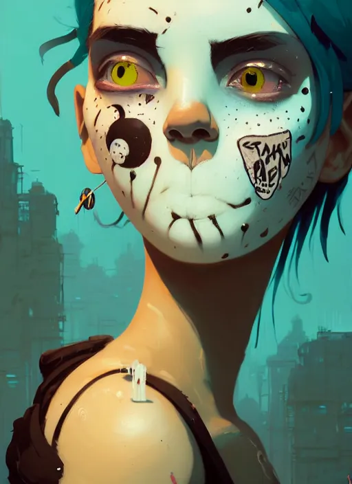 Prompt: highly detailed portrait of a sewer punk 2 1 year old lady with white graffiti face paint by atey ghailan, james gilleard, by joe fenton, by greg rutkowski, by greg tocchini, by kaethe butcher, 4 k resolution, gradient yellow, black, brown and cyan color scheme, grunge aesthetic!!! ( ( dystopian graffiti tag wall in background ) )