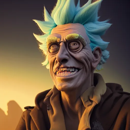 Image similar to apocalyptic rick sanchez portrait with ribbed face by gaston bussierre and charles vess and james jean and erik jones and rhads, 3 d octane render, beautiful fine face features, intricate high details, sharp, ultradetailed