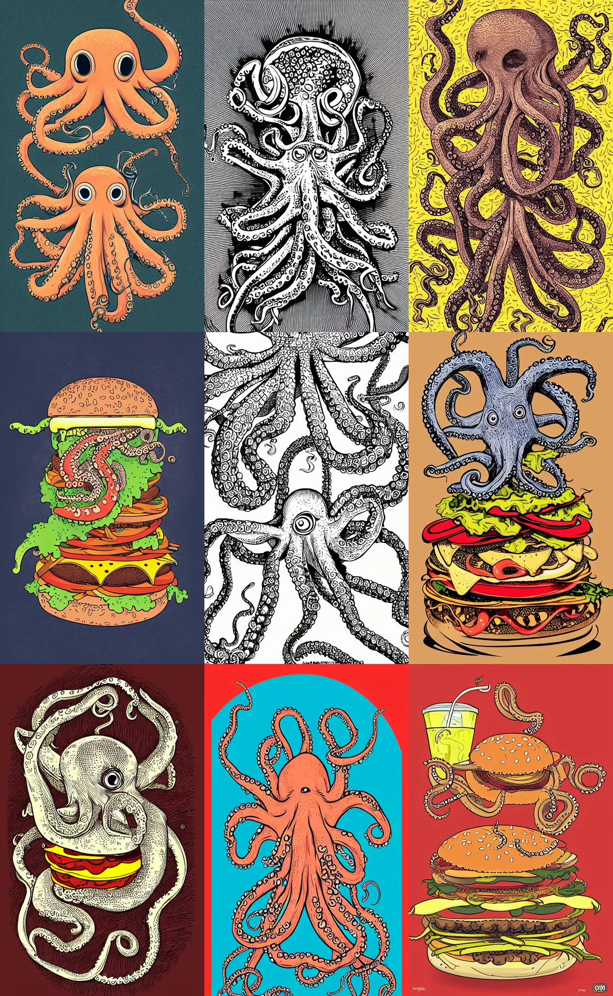 Prompt: highly detailed illustration of octopus eating a burger, symmetrical, hd, trending, screen print