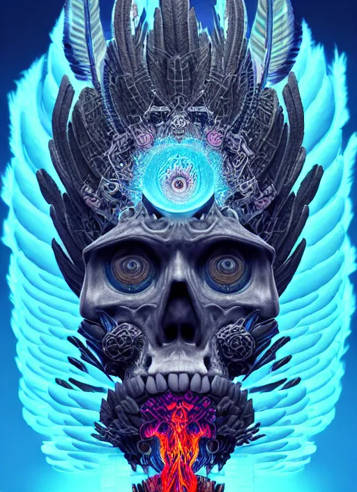 Image similar to 3 d shaman with tattoos profile portrait, sigma 5 0 0 mm f / 5. beautiful intricate highly detailed quetzalcoatl skull and feathers. bioluminescent, plasma, lava, ice, water, wind, creature, thunderstorm! artwork by tooth wu and wlop and beeple and greg rutkowski, 8 k trending on artstation,