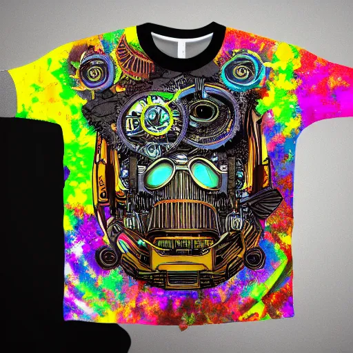 Image similar to mockup of a black tshirt with a hyperdetailed portrait of a steampunk robot on lsd, 8 k, symetrical, flourescent colors, happy trippy mood, multicolored,