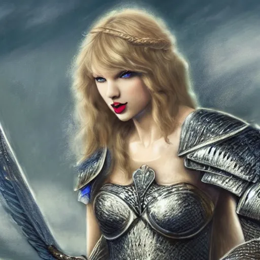 Image similar to the picture of taylor swift in a knight armor, epic fantasy art, mystical, mystic atmosphere, mythology, photo realistic, high detail, ultra realistic, hyper realistic, high definiton, 4 k uhd,