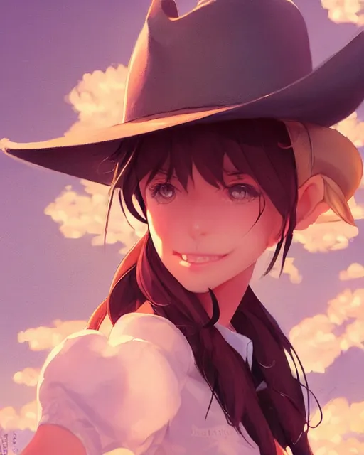 Image similar to a very cute cowgirl wearing a hat with cat ears, medium shot, ambient lighting, visible and detailed face, by makoto shinkai, stanley artgerm lau, wlop, rossdraws